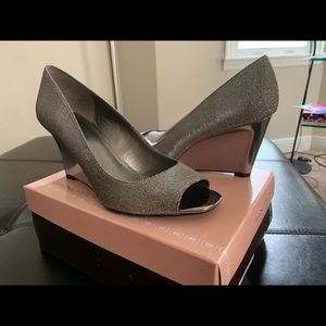 Gorgeous sparkling grey peep toe wedge shoes